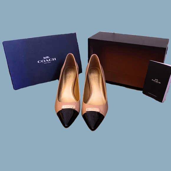 Coach Patent Leather Two-Tone Cap-Toe Pumps - Size 8.5 | Blush & Black - Picture 1 of 9